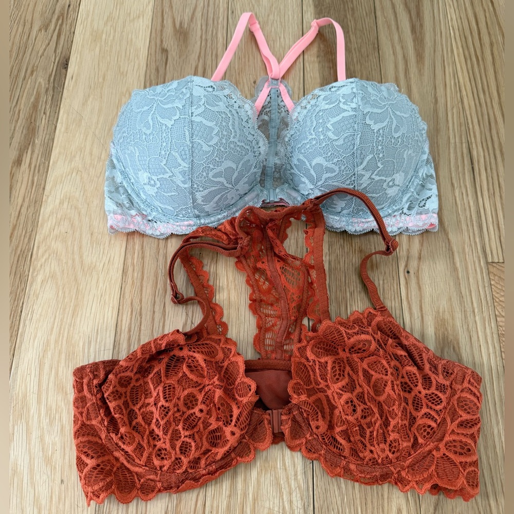 2 PINK Victoria’s Secret Lace Racerback Push-Up and Lightly Lined Bras 34C